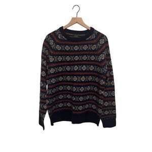 J. Crew Fair Isle Lambswool Sweater Crewneck Navy Blue Red K2859 Men's Large